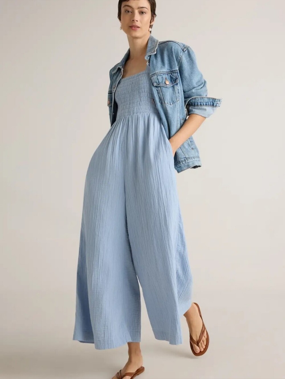 Quince Light Blue Wide-Leg Jumpsuit with Smocked Bodice - Picture 2 of 8
